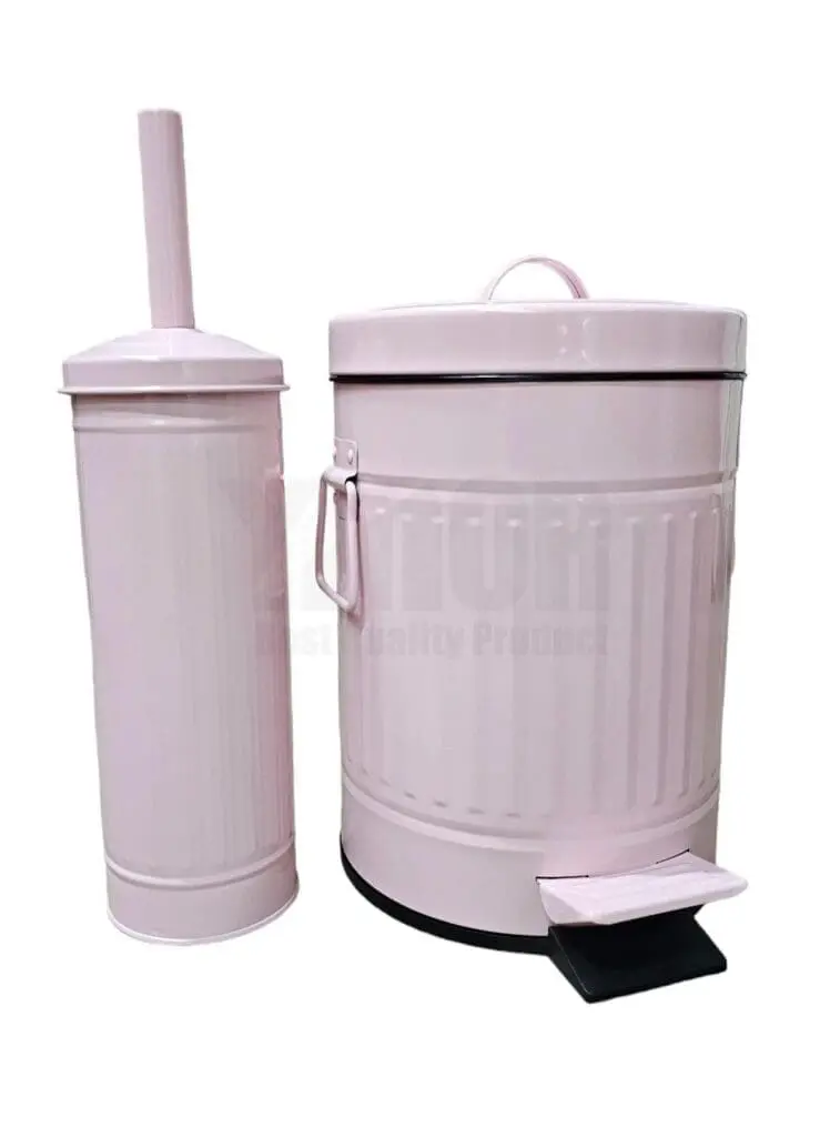 סט פח לשירותים 5 ליטר ומברשת אסלה רטרו בצבע ורוד